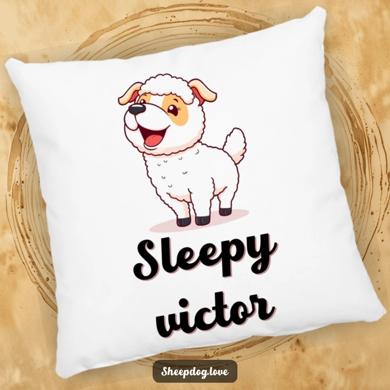 Funny decorative pillow with a sheepdog wagging its tail excitedly after a successful round-up, offering comfort and humorous celebration.