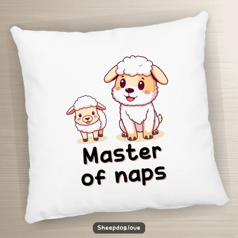 Funny Sheepdog pillow with a pleased dog looking back at closely following sheep, offering comfort and a touch of farm charm.