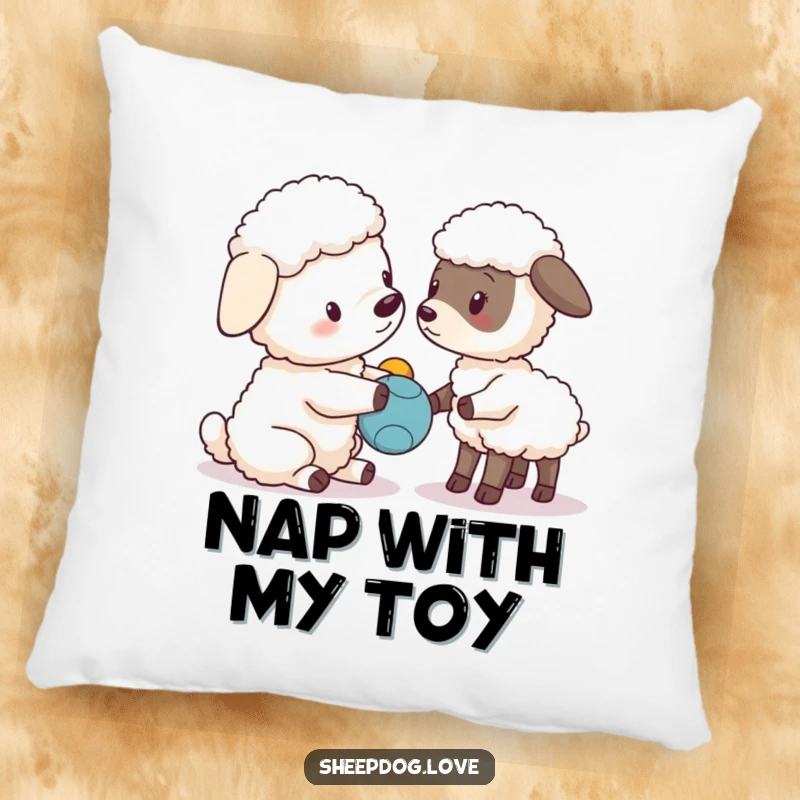 Funny sheepdog character offering a toy to a curious lamb, soft decorative pillow.