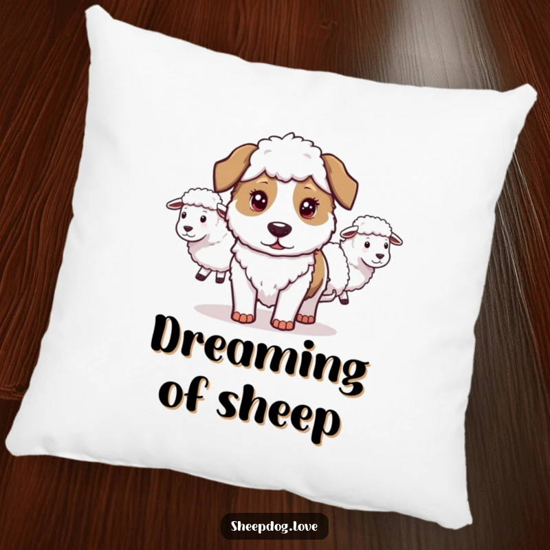 Funny Sheepdog Pillow: A plush pillow showing a determined sheepdog herding sheep, offering comfort and humor, a perfect gift.