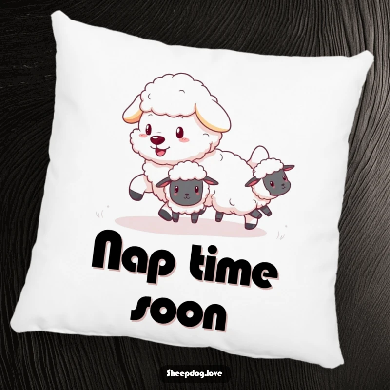 Funny Sheepdog Pillow: Fluffy sheepdog surrounded by tiny, bouncing sheep, a whimsical and cuddly design.