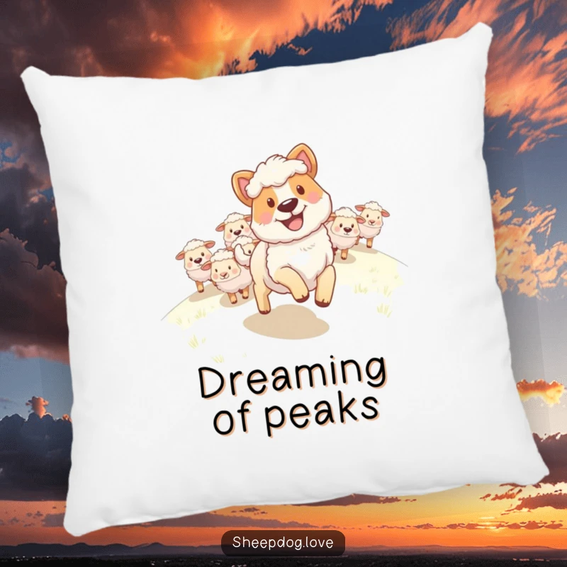 Funny Sheepdog Pillow: A sheepdog with a happy grin leading a flock of sheep up a hill, comforting and cheerful.