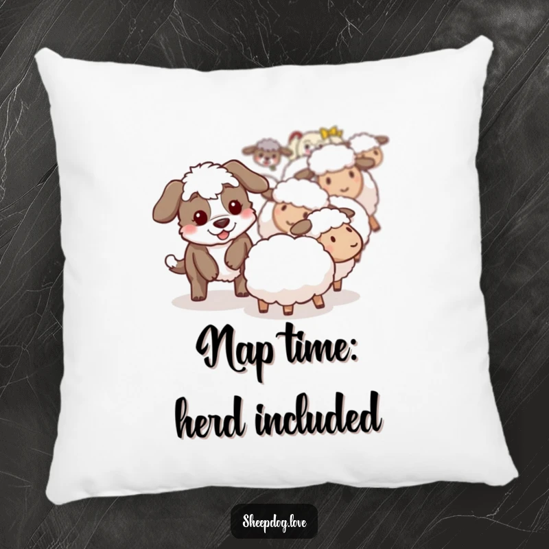 Funny sheepdog pillow depicting a playful sheepdog acting as a gentle shepherd for a lost sheep.