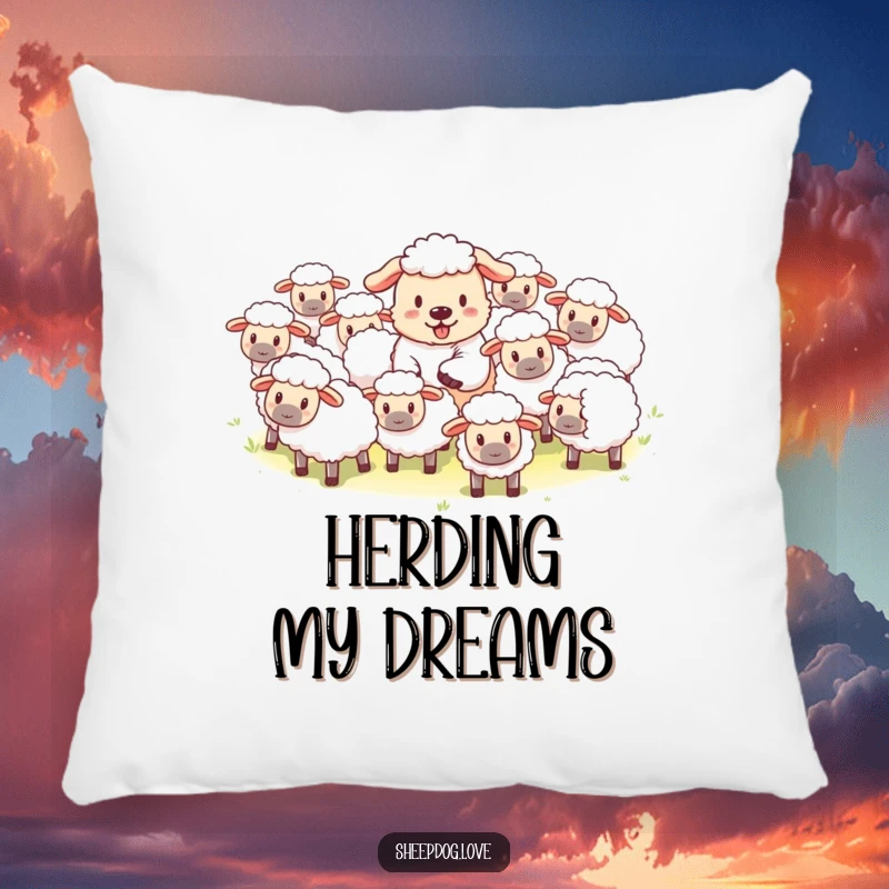 Funny pillow featuring a playful sheepdog herding fluffy sheep, adding whimsical comfort and charm.