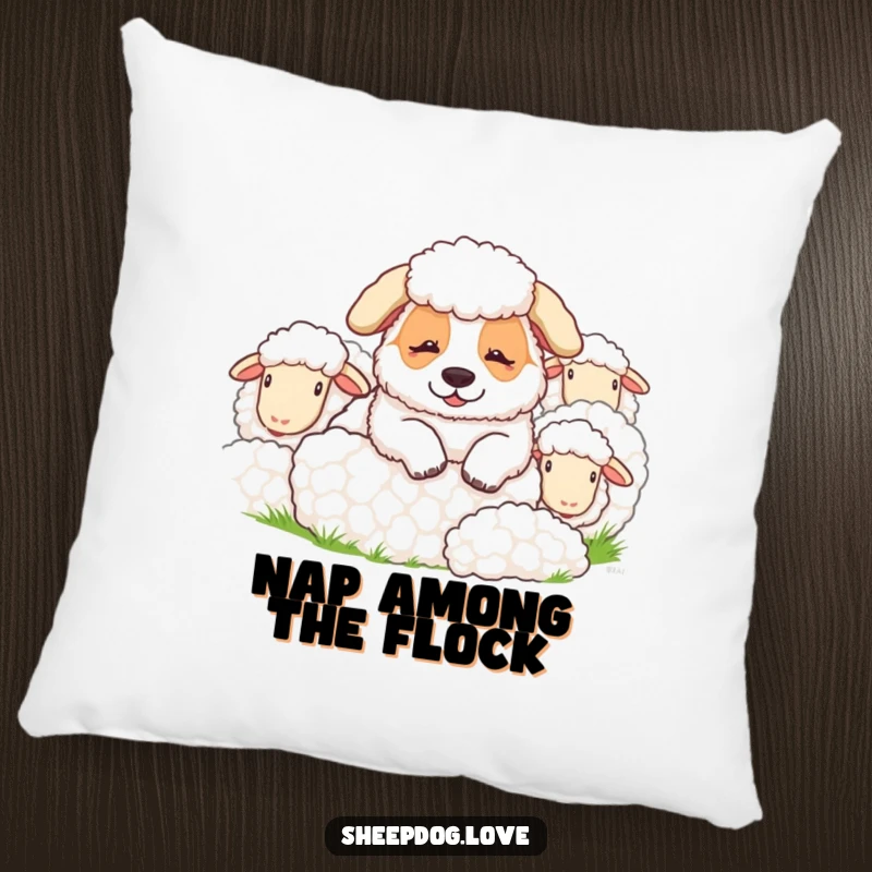 Funny sheepdog pillow showing a resting sheepdog with sheep, a soft and humorous decorative accent for any sofa.