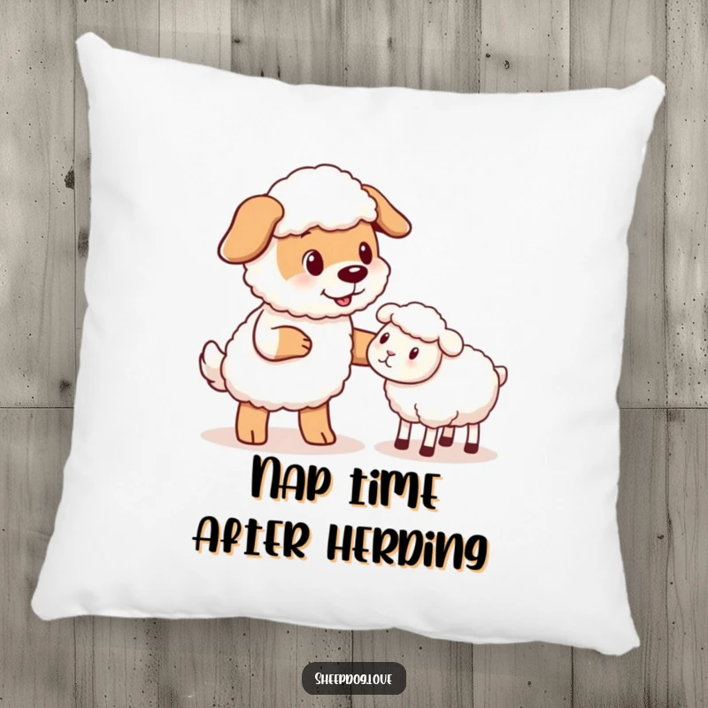 Funny Sheepdog Pillow: A soft pillow showcasing a sheepdog's friendly nudge to a stray sheep, perfect for adding humor to any room.