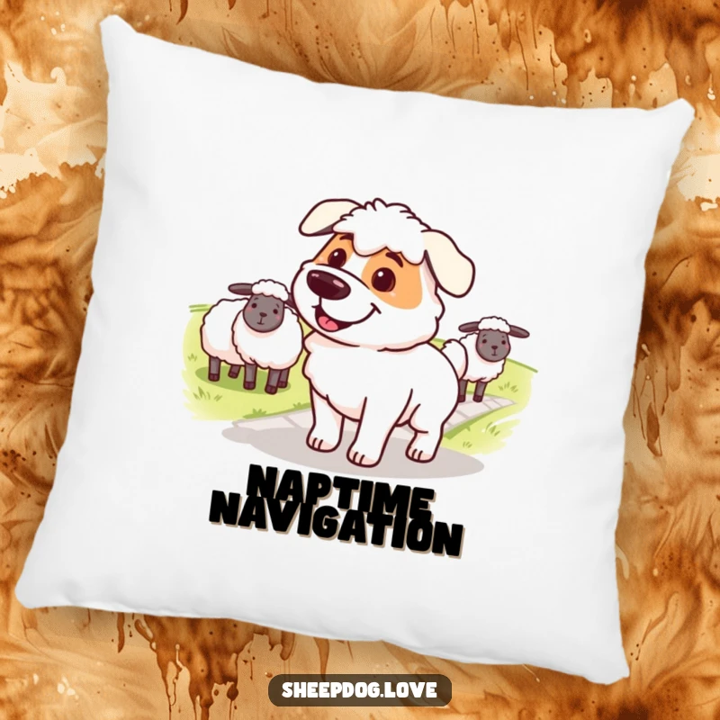 Funny sheepdog pillow, a soft cushion showing a determined, smiling dog guiding sheep across a path, conveying leadership.