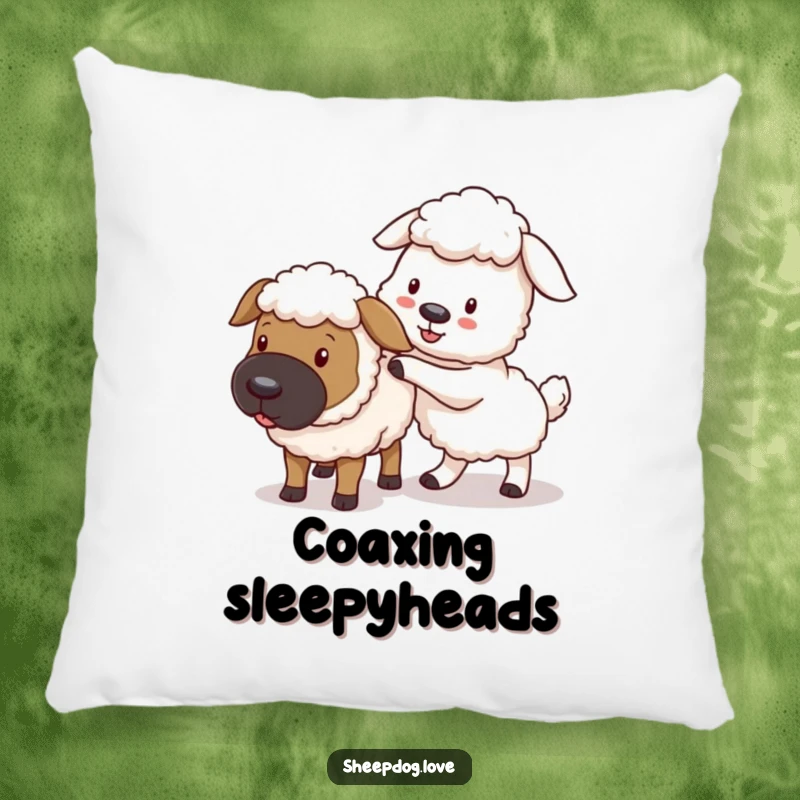 Funny sheepdog pillow, a soft cushion showing a playful dog nudging a stray sheep back into line, conveying fun.
