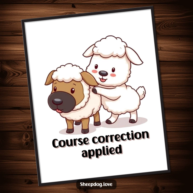 Funny sheepdog digital art print, a playful dog nudging a stray sheep back into line, conveying gentle humor.
