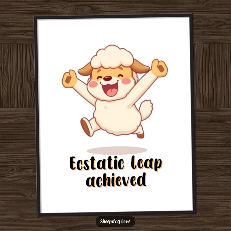 Funny digital art print of a sheepdog character in a joyful, celebratory leap after herding, perfect for energetic and funny decor.