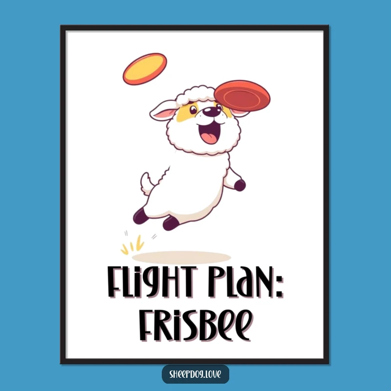 Funny Sheepdog Frisbee Digital Print: Instant Joy, Framed or Unframed