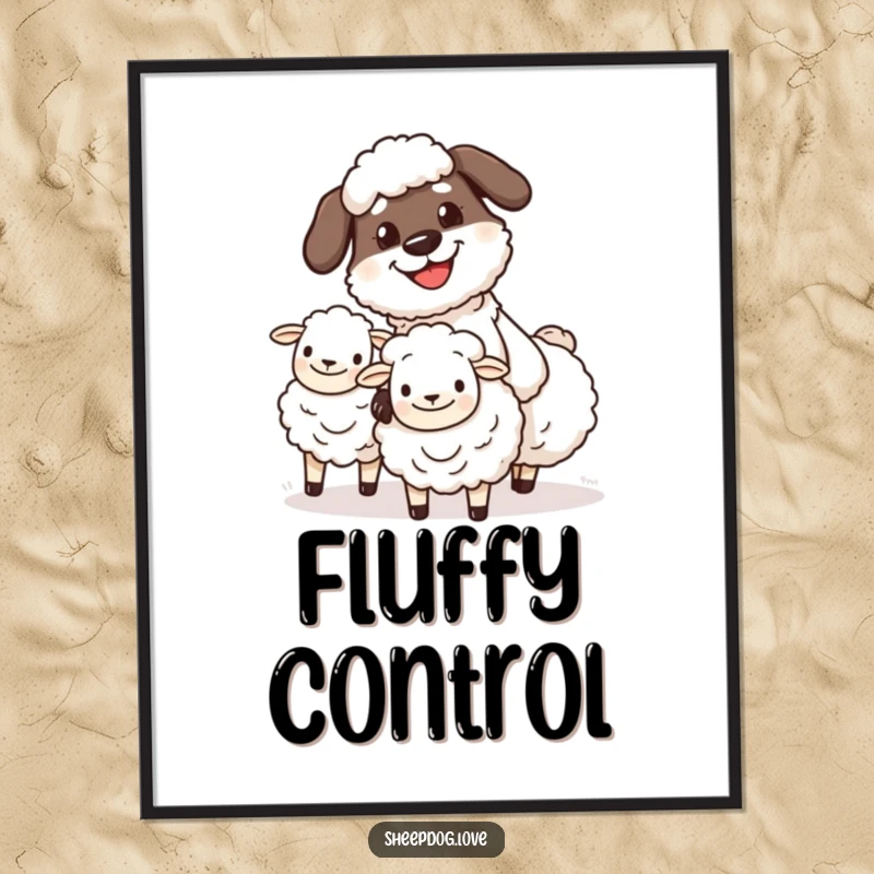 Funny sheepdog herder digital art print of a determined, grinning character herding sheep, perfect for humorous decor.