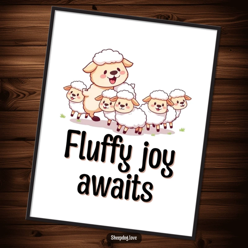 Funny sheepdog digital art print of a fluffy herding dog joyfully guiding sheep with playful and infectious energy.