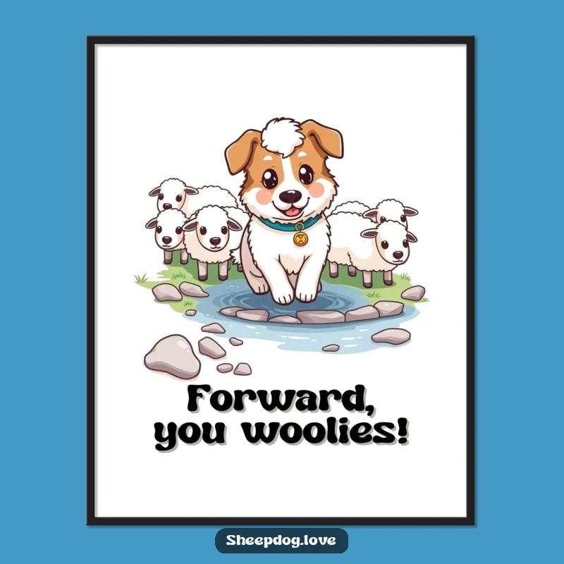 Funny Determined Sheepdog Stream Digital Art: Heroic Dog Print Gift