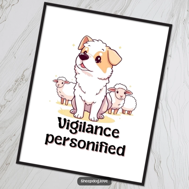 Funny guard sheepdog digital art print, a depiction of an alert dog watching the distance.
