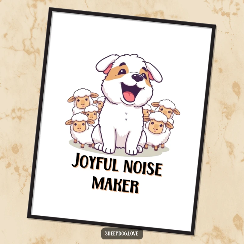 Funny sheepdog joyfully barking at sheep, as an instant download digital art print, radiating canine happiness.