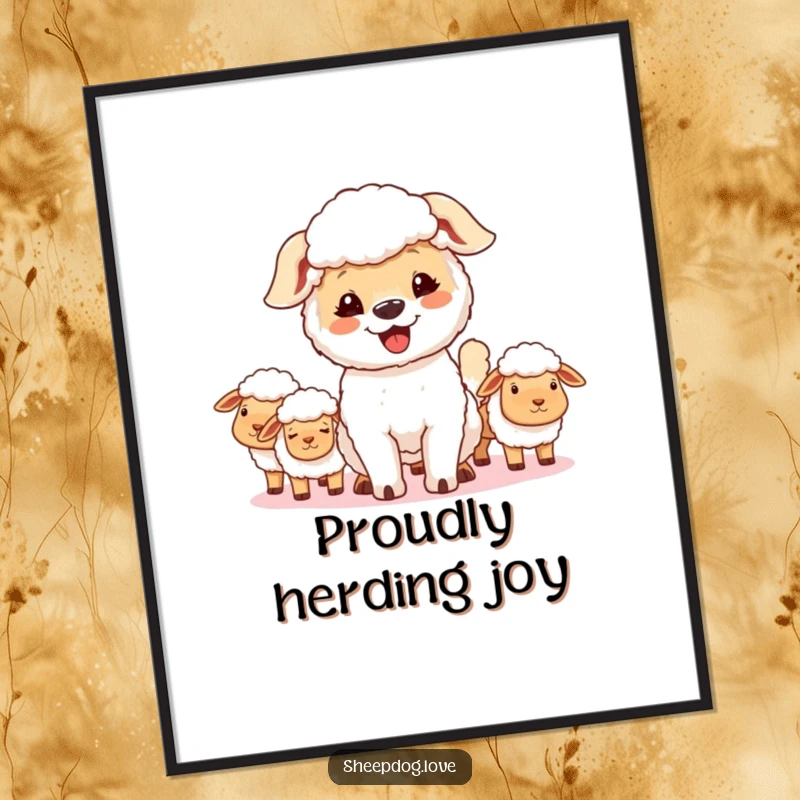 Funny sheepdog digital art print, a happy dog wagging its tail, looking proudly over sheep, radiating joy.