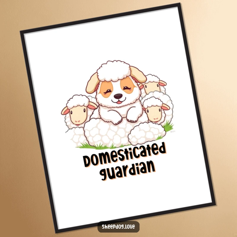Funny sheepdog digital art print of a peaceful sheepdog resting among its flock, a humorous and heartwarming artwork.
