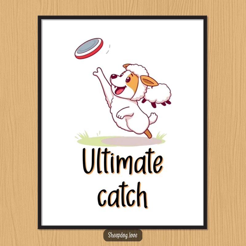 Funny Sheepdog Digital Art Print: Sheepdog energetically catching a frisbee thrown by a sheep, a dynamic and humorous illustration.