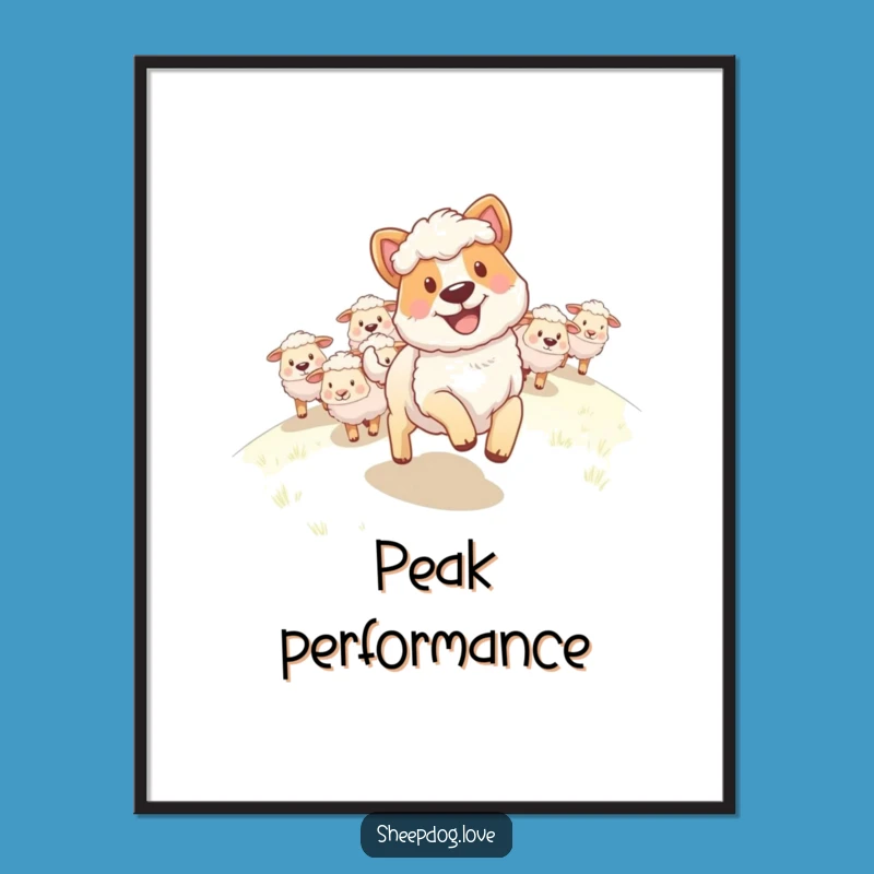 Funny Sheepdog Digital Art: Happy Grin Leading Flock Uphill, Instant Hilarious Downloadable Decor