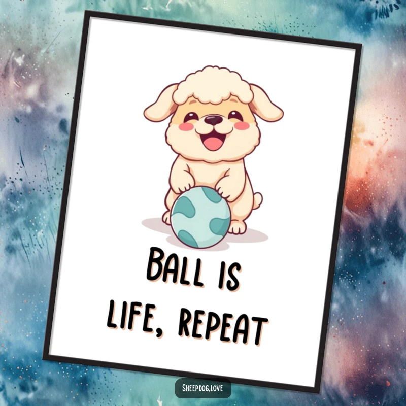 Funny sheepdog digital art download showing a dog hilariously barking at a rolling ball, perfect for expressive wall decor.
