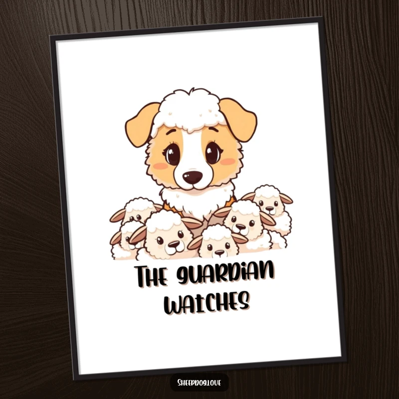 Funny sheepdog digital art print capturing a determined sheepdog with a focused gaze, watching over its flock.