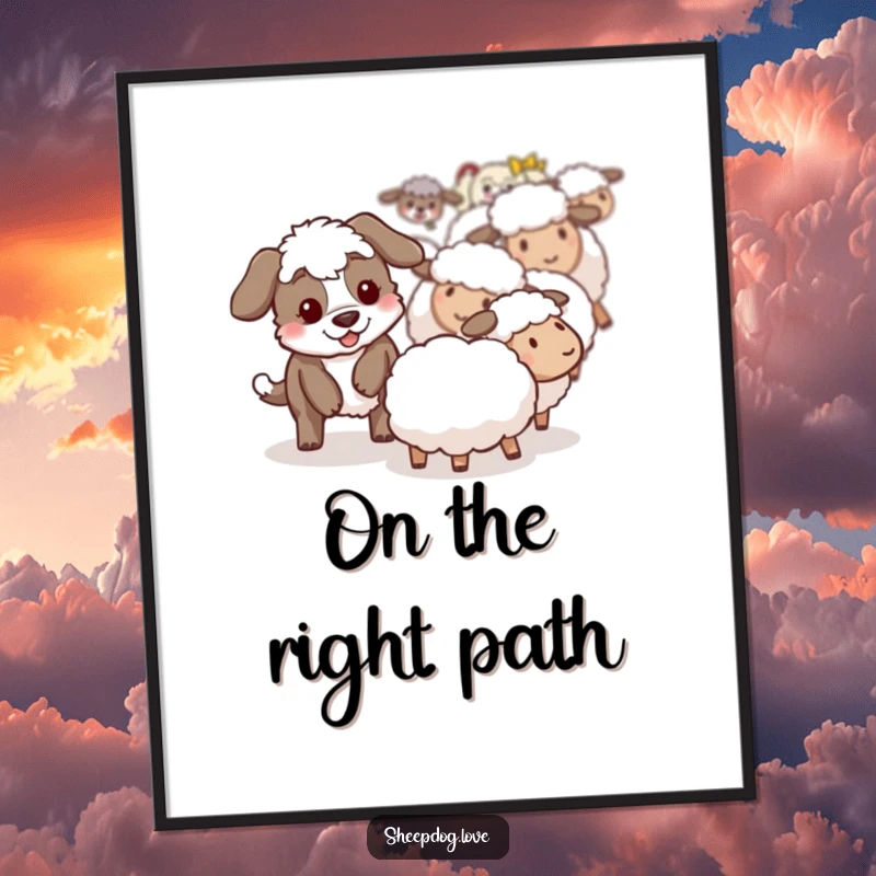 Funny sheepdog digital art print capturing a playful scene of a sheepdog nudging a sheep back into place.