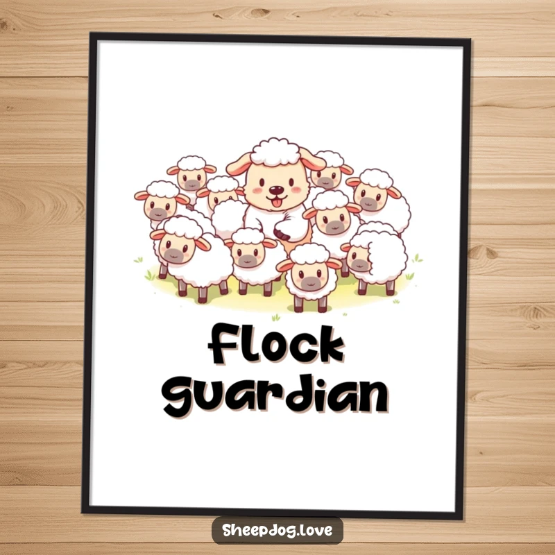 Funny digital art print of a playful sheepdog herding fluffy sheep, ready for immediate printing and display.