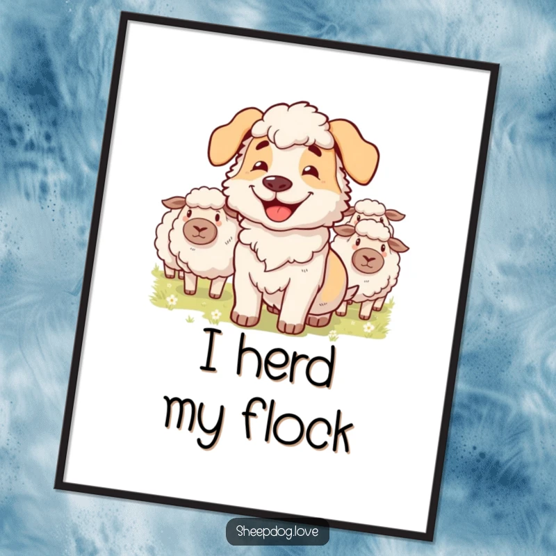 Funny digital art print of a sheepdog with a proud grin, expertly herding fluffy sheep, ready to add cheer.
