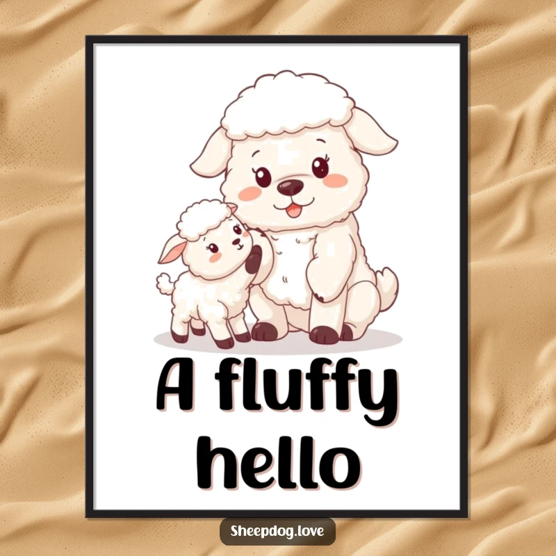 Funny sheepdog offering a paw to a curious lamb on a digital art print, perfect for instant farm decor.