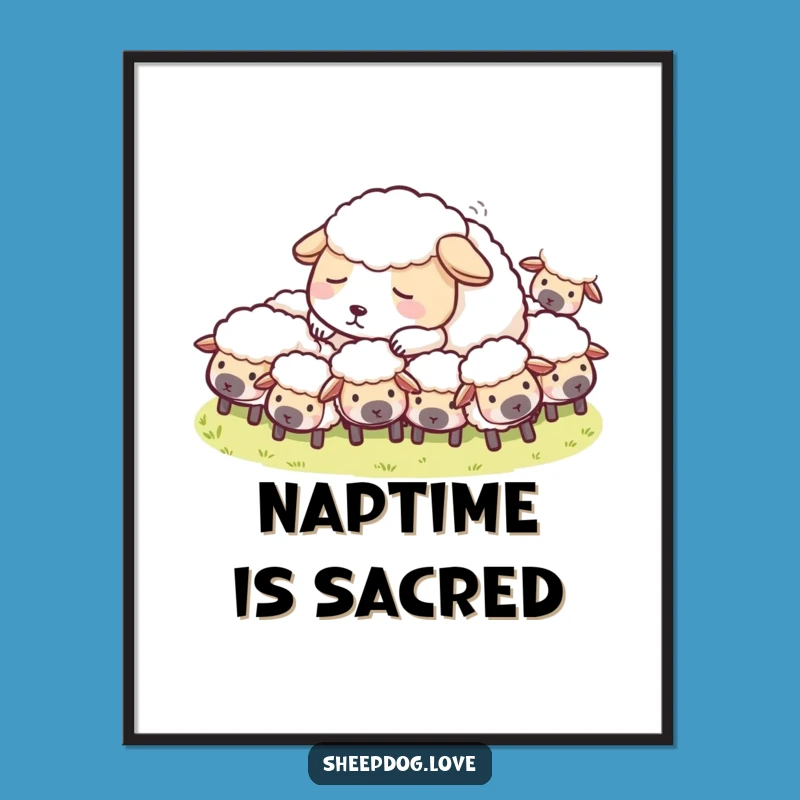 Funny Sheepdog Nap Digital Art: Peaceful Shepherd Dog Print Gift