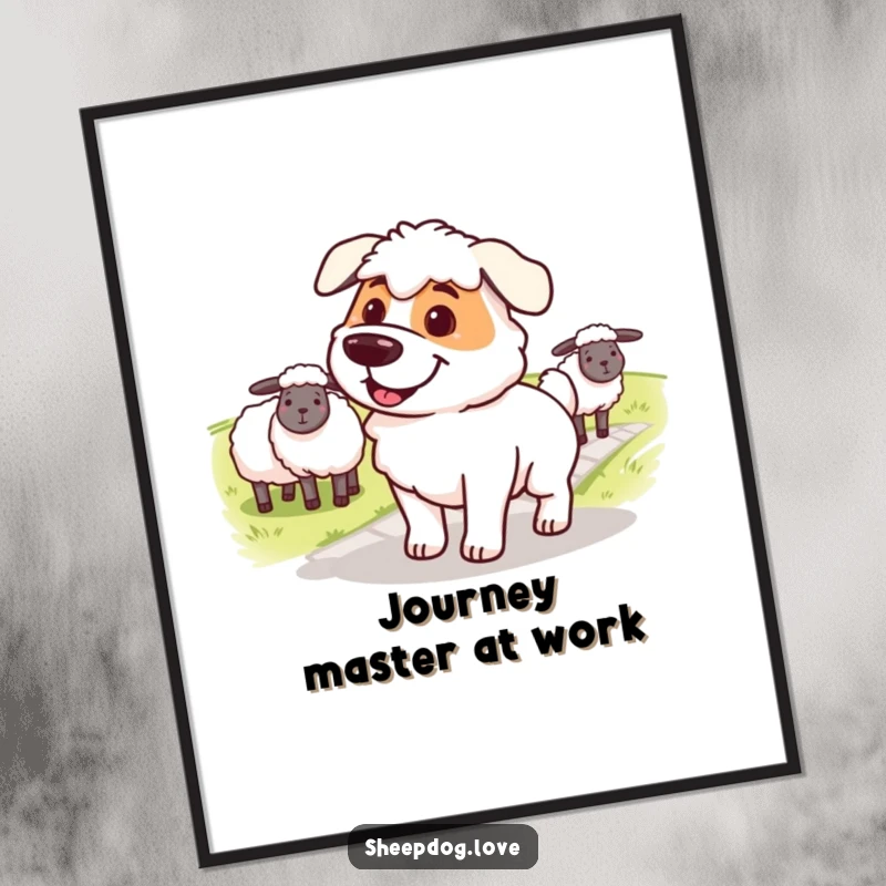 Funny sheepdog digital art print, a determined, smiling dog guiding sheep across a path, embodying focus.