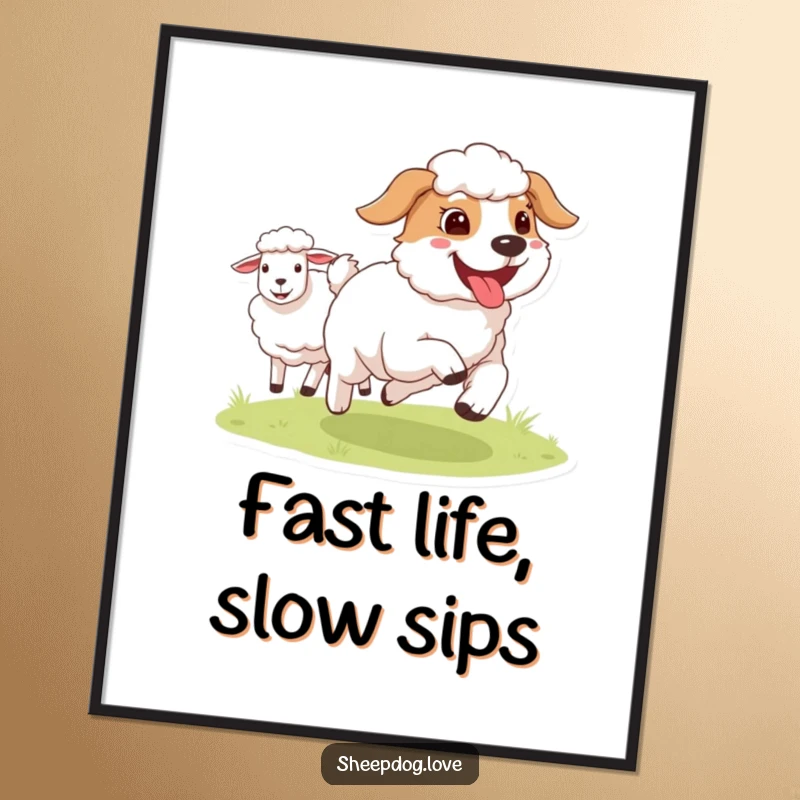 Funny Sheepdog digital art print of a happy dog with its tongue out, running alongside sheep, perfect for adding energetic humor to any room.