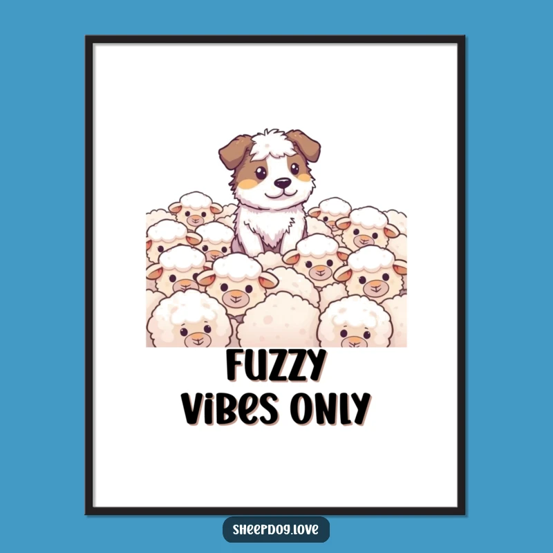 Funny Sheepdog Digital Art: Herding Dog Watching Fluffy Sheep, Humorous Wall Art Download Gift