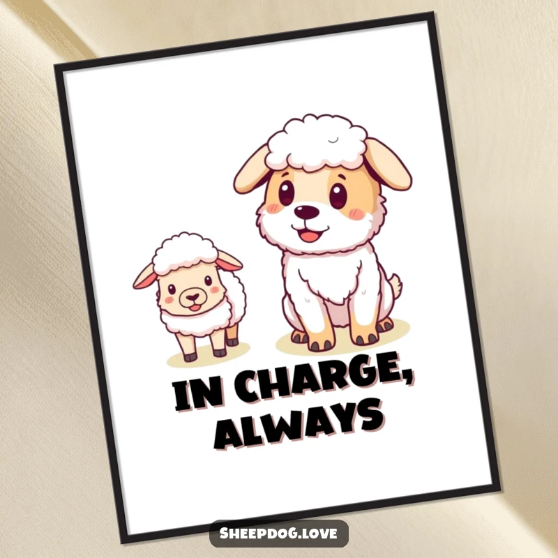 Funny Sheepdog digital art print of a pleased dog with sheep following, perfect for adding calm leadership and humor to any room.