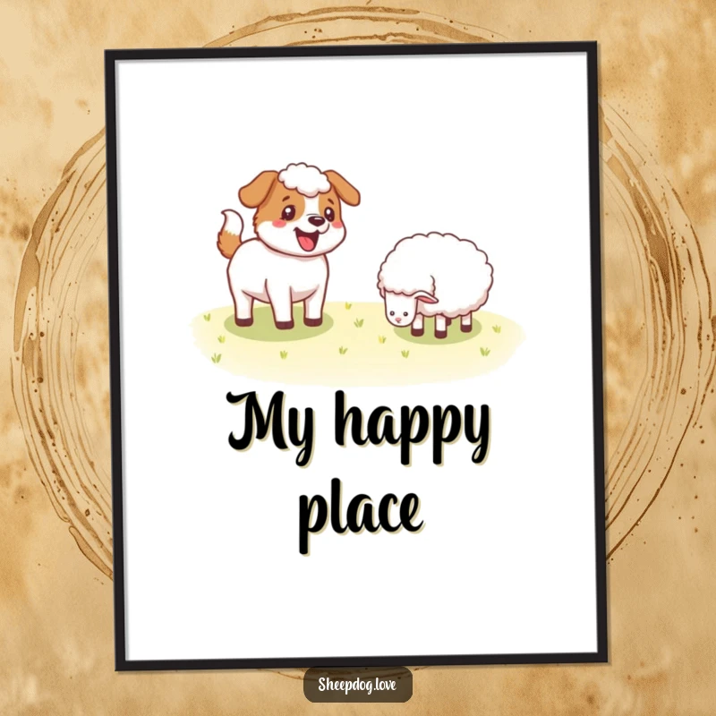 Funny Sheepdog digital art print of a happy dog wagging its tail near sheep, perfect for adding charming farm humor to any space.
