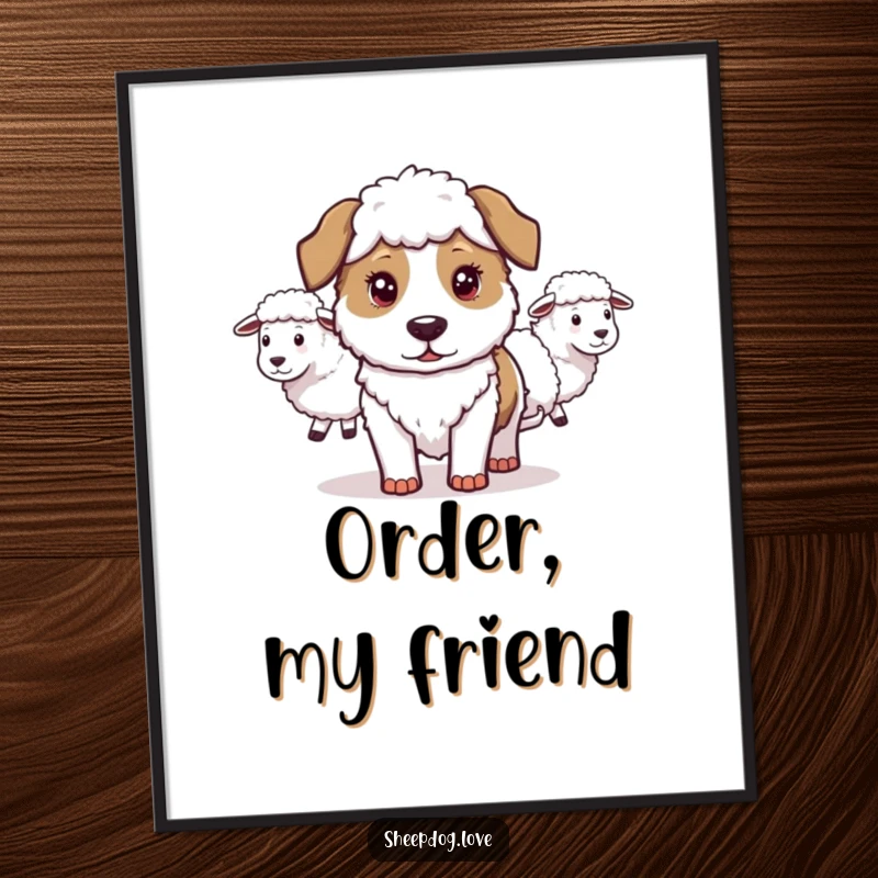 Funny Sheepdog Digital Art: A humorous depiction of a determined sheepdog guiding sheep, ready to be printed and displayed.