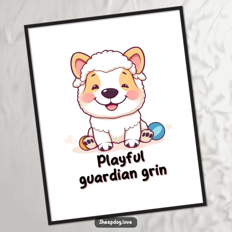 Funny sheepdog digital art print of a grinning sheepdog watching playful sheep, a humorous and heartwarming artwork.