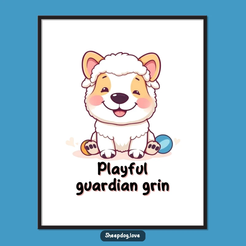Funny Sheepdog Grin Digital Art: Playtime Guardian's Hilarious Funny Gift
