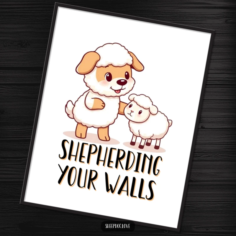 Funny Sheepdog Digital Art Print: A humorous illustration of a sheepdog nudging a stray sheep, ready to be printed and displayed.