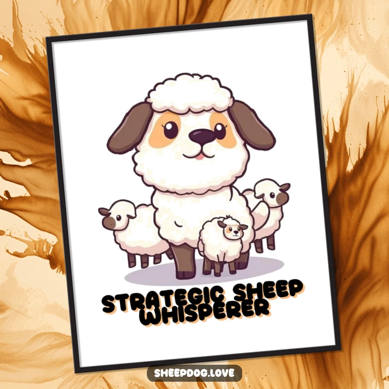 Funny Sheepdog Digital Art Print: A focused sheepdog strategically herds sheep, showcasing intelligence and purpose, offering instant humor and sophisticated décor.