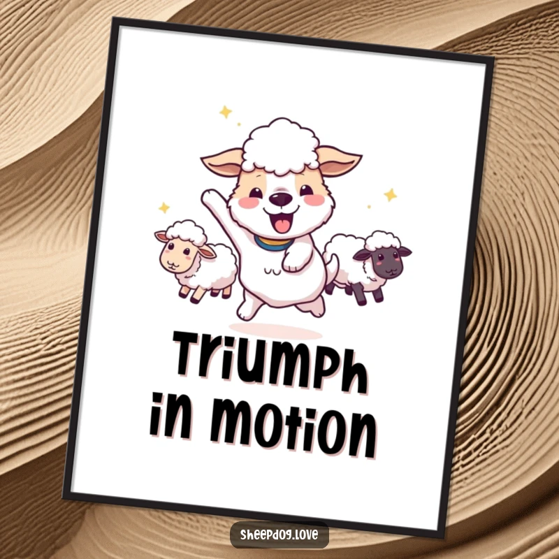 Funny happy sheepdog doing a victory spin with sheep following on a digital art print, perfect for decor.