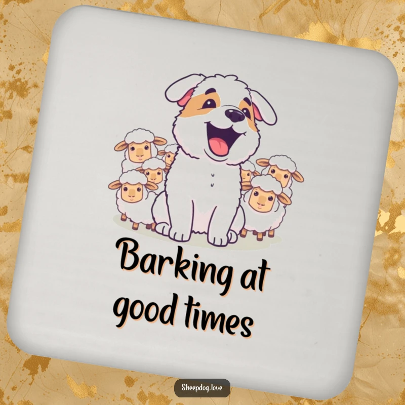 Funny sheepdog joyfully barking at sheep on protective drink coasters, bringing humor to any table.