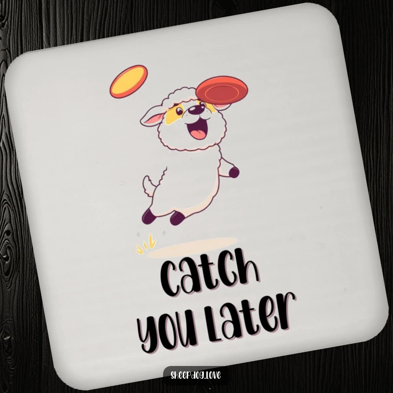 Funny sheepdog coasters, featuring a dog leaping for a frisbee, adding a playful vibe to any drink setting.