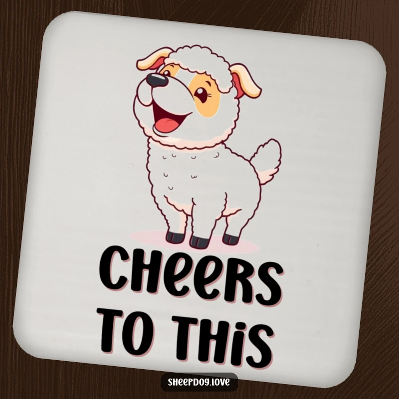 Funny drink coaster set with a sheepdog wagging its tail excitedly after a successful round-up, offering humorous celebration.