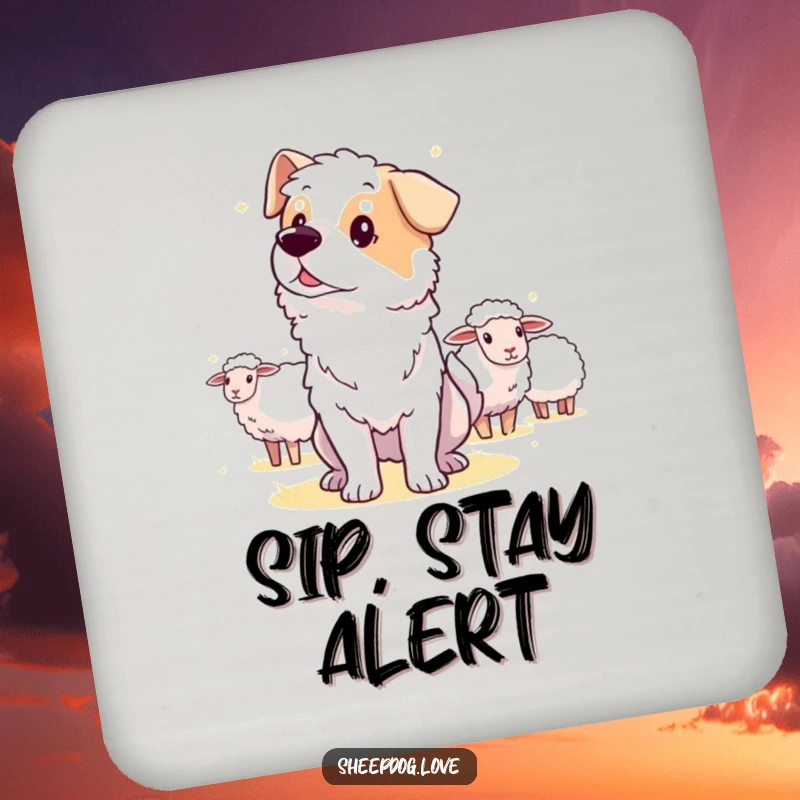 Funny guard sheepdog drink coaster, showing an alert dog watching the distance over sheep.