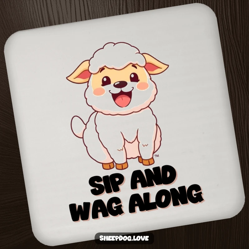 Funny Happy Sheepdog Coaster featuring a joyful sheepdog with its tail wagging enthusiastically, protecting surfaces with charm.