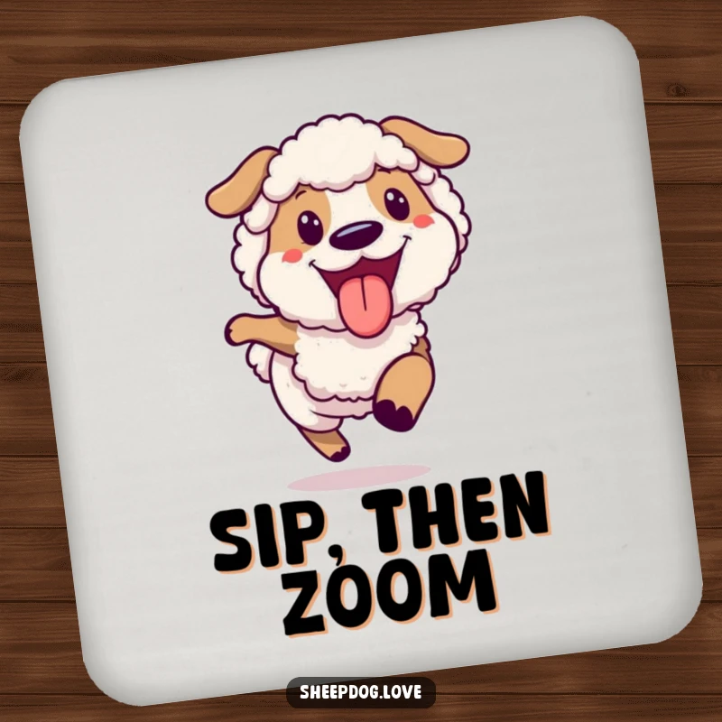 Funny joyful sheepdog running drink coaster, a happy dog captured mid-run with its tongue out.