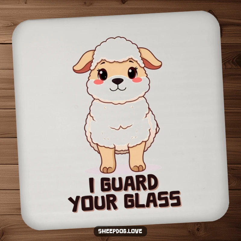 Funny coaster featuring a protective sheepdog standing guard with a gentle expression, adding a caring canine touch.