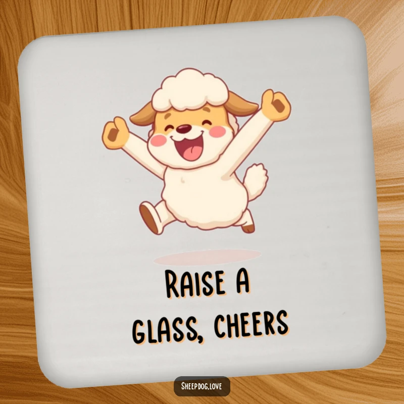 Funny drink coaster featuring a sheepdog character doing a joyful, celebratory leap after herding, adding triumphant and funny protection.